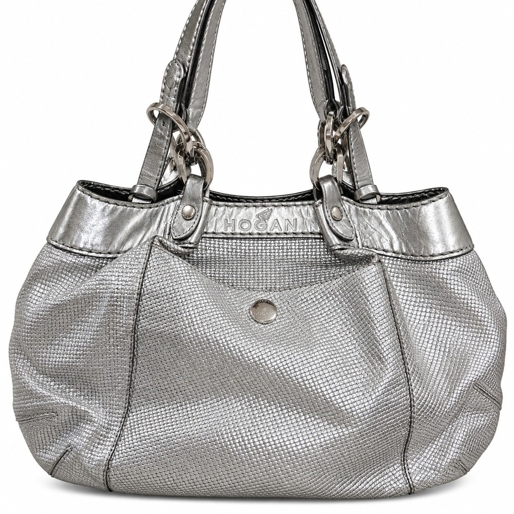 Hogan Made in Italy Metallic Silver Leather Handbag Shoulder Bag Y2K Designer